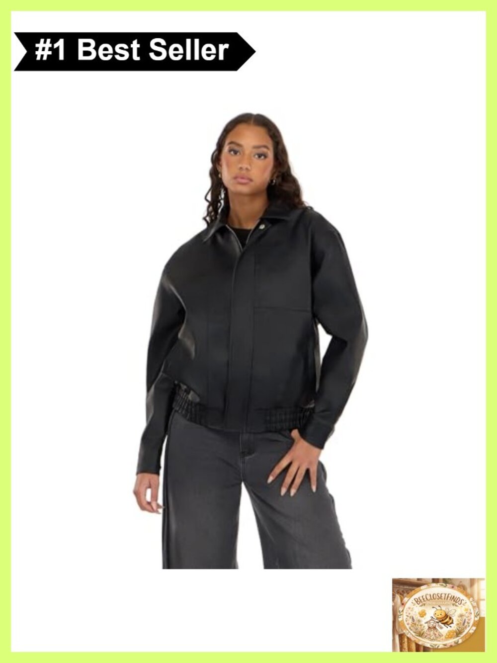 Faux Leather Bomber Jacket Zip Front Ribbed Trim Casual Outerwear